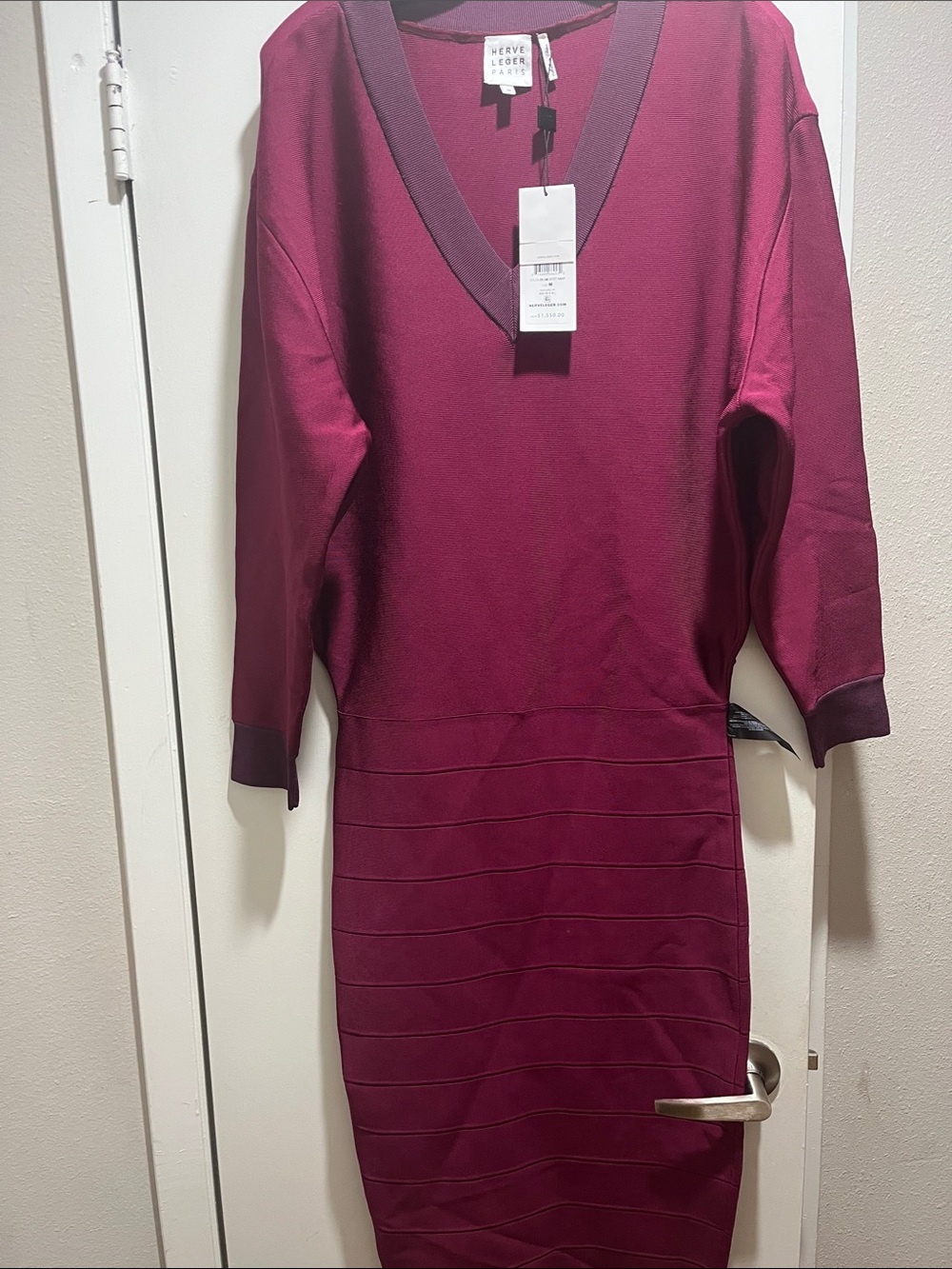 Herve Leger Plum V-Neck Bandage Midi Dress